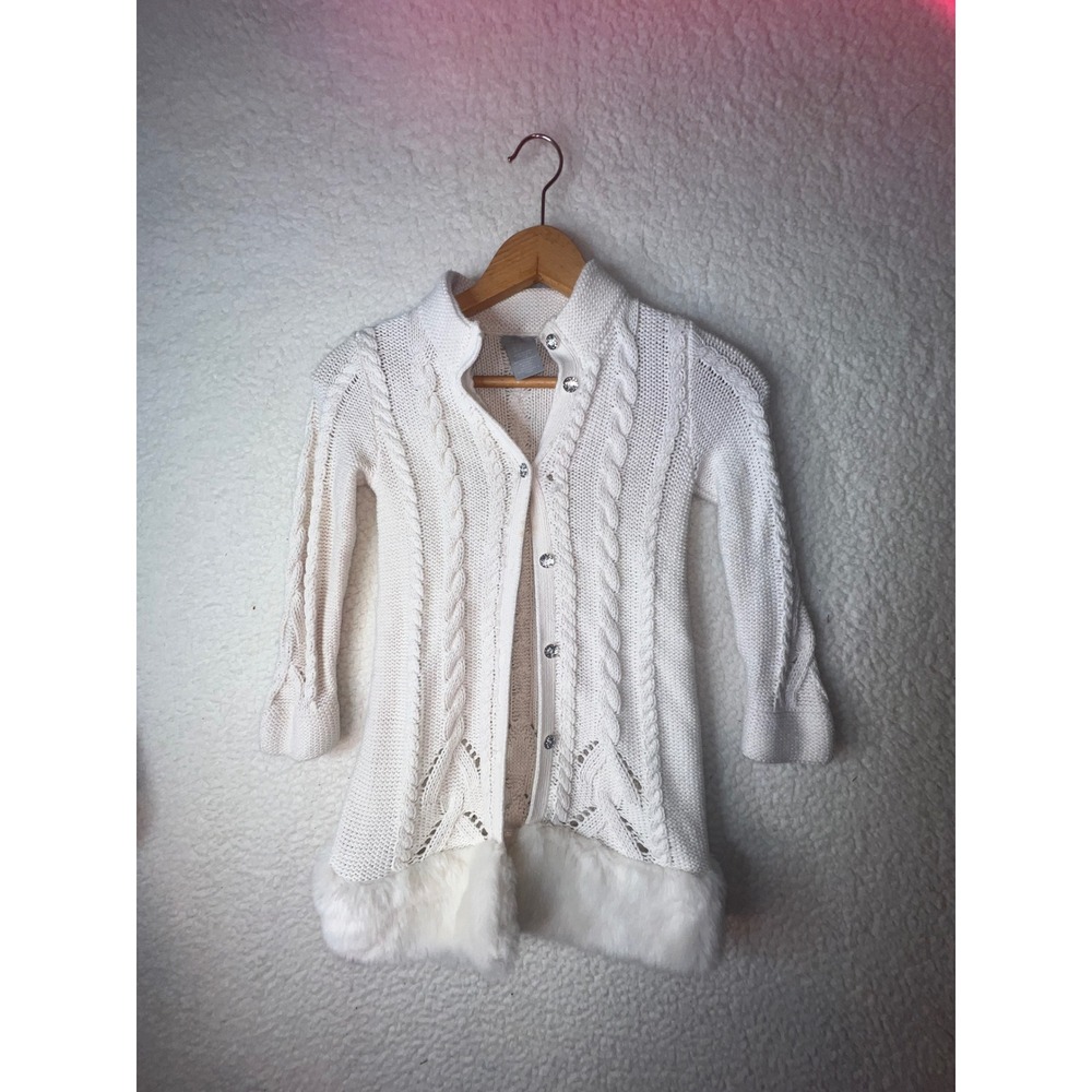 Tahari Womens White Cable Knit Cardigan Faux Fur Crystal Button Sweater M 5-6